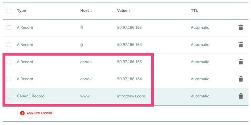 Screenshot of DNS manager, linking the A Records and CNAME Records of the domain to Carrd.