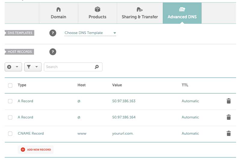 Screenshot of Advanced DNS screen on Namecheap before setting the domain to route to Carrd