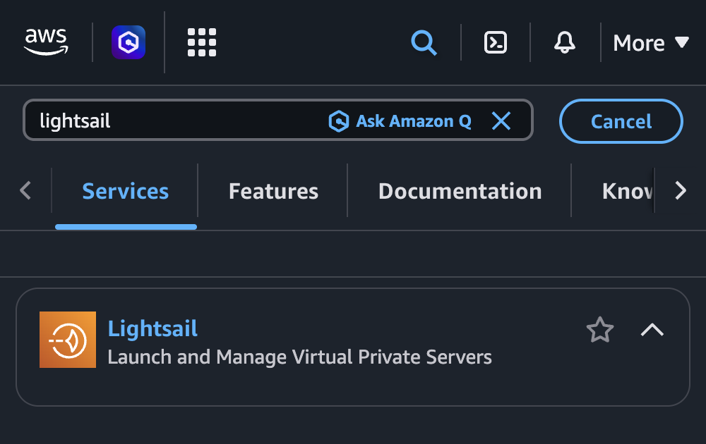 Finding Amazon Lightsail on AWS Management Console