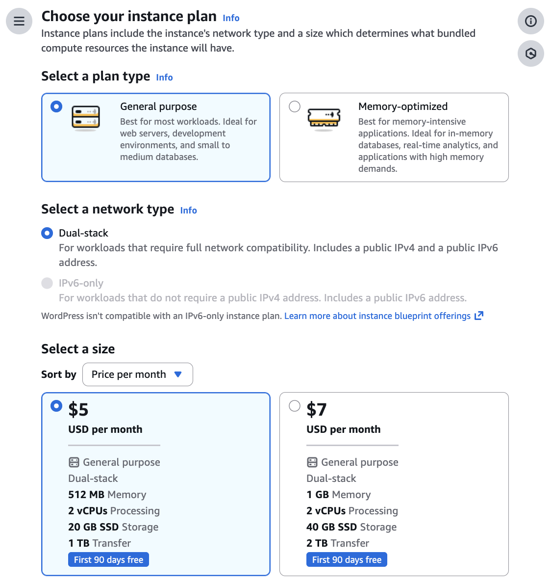 Select an Amazon Lightsail instance plan