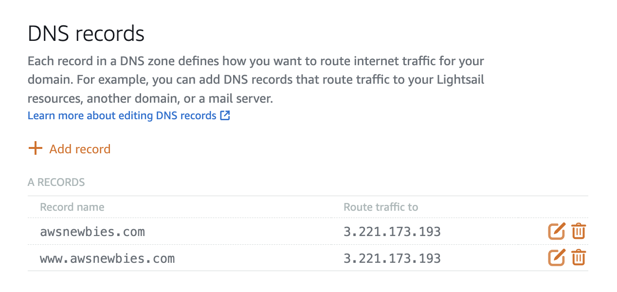 The DNS records updated for DNS zone