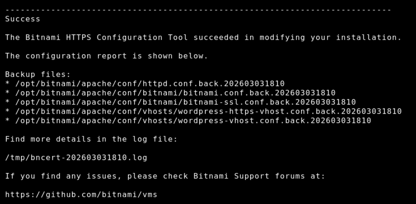 Success page on SSH console using bncert